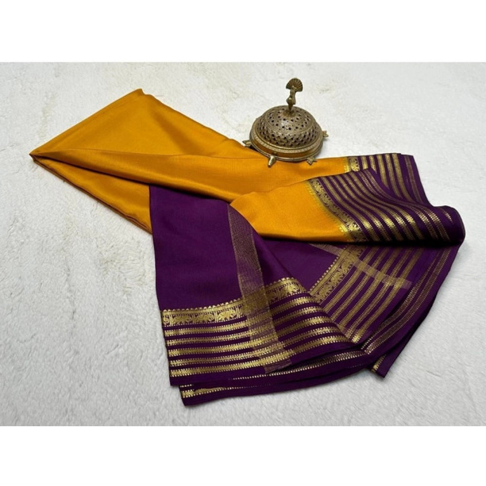 Amfyn Women's Crepe Chit Pallu Solid Saree With Unstitched Blouse 5.5Mtr (Gold)