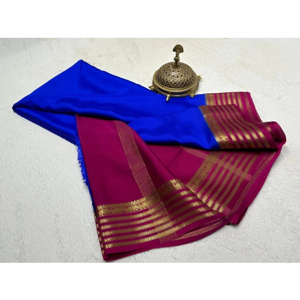 Amfyn Women's Crepe Chit Pallu Solid Saree With Unstitched Blouse 5.5Mtr (Navy Blue)
