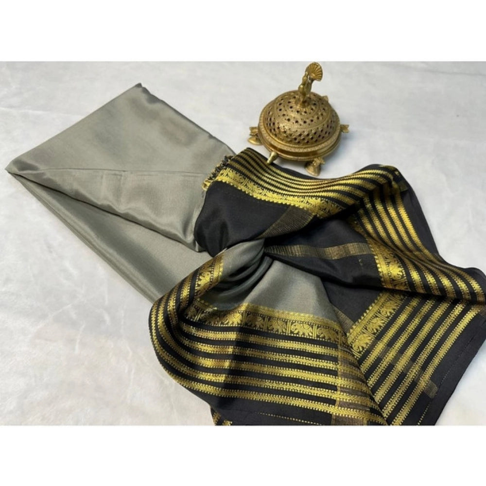 Amfyn Women's Crepe Chit Pallu Solid Saree With Unstitched Blouse 5.5Mtr (Gray)