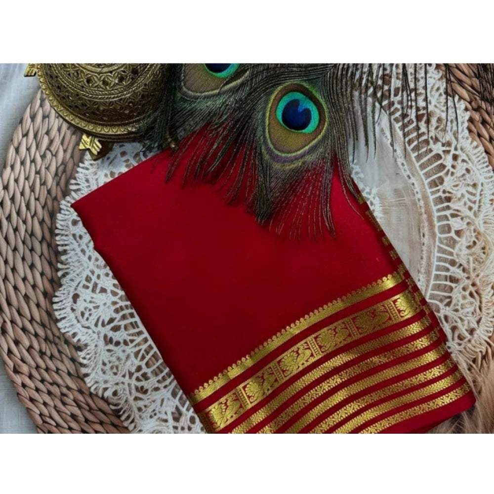Amfyn Women's Crepe Chit Pallu Solid Saree With Unstitched Blouse 5.5Mtr (Red)