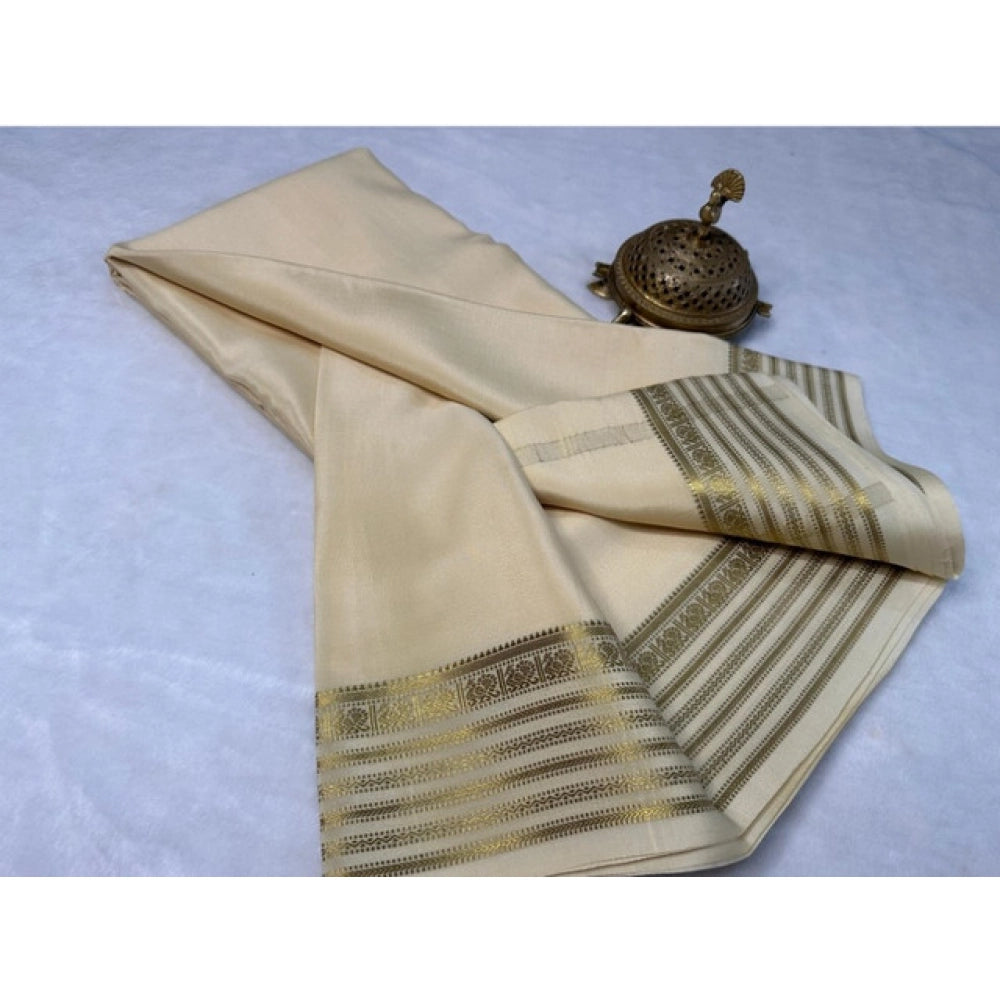 Amfyn Women's Crepe Chit Pallu Solid Saree With Unstitched Blouse 5.5Mtr (Beige)