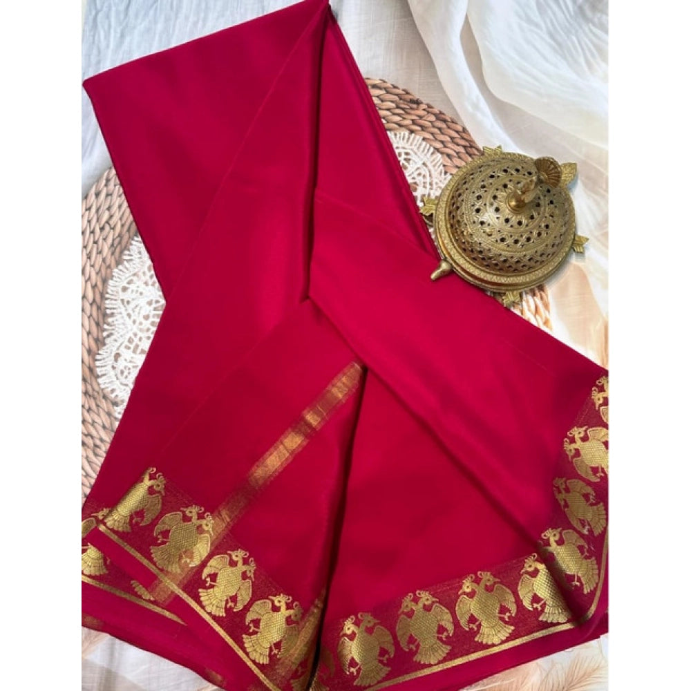 Amfyn Women's Crepe Chit Pallu Solid Saree With Unstitched Blouse 5.5Mtr (Red)