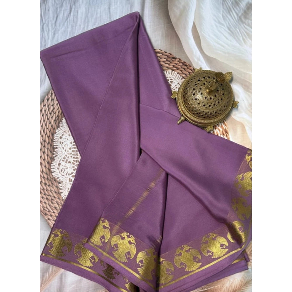 Amfyn Women's Crepe Chit Pallu Solid Saree With Unstitched Blouse 5.5Mtr (Lavender)