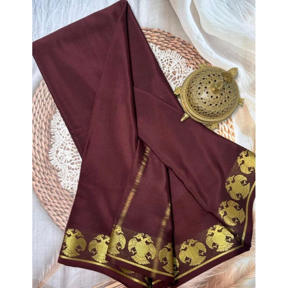 Amfyn Women's Crepe Chit Pallu Solid Saree With Unstitched Blouse 5.5Mtr (Brown)