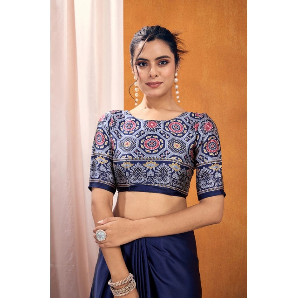 Amfyn Women's Satin Crepe Printed Saree With Unstitched Blouse 5.5Mtr (Navy Blue)