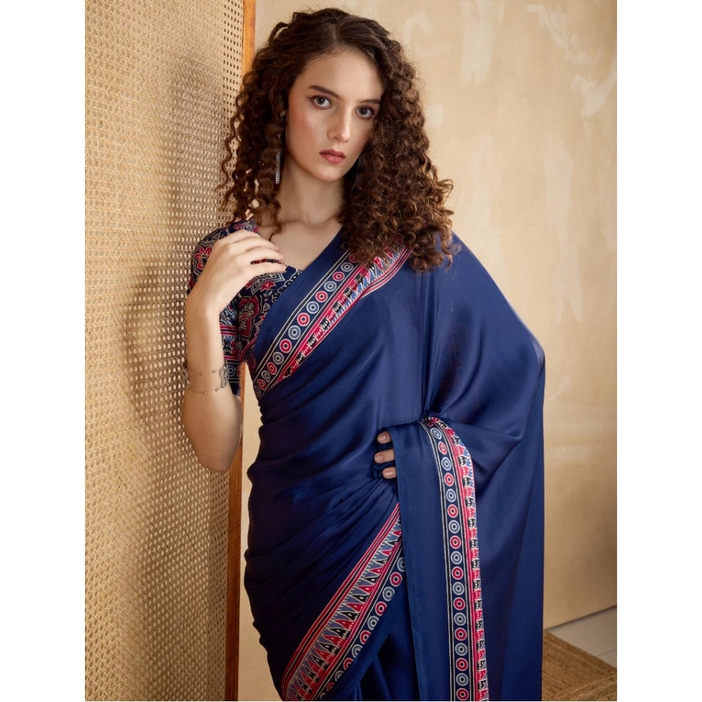 Amfyn Women's Satin Crepe Printed Saree With Unstitched Blouse 5.5Mtr (Navy Blue)