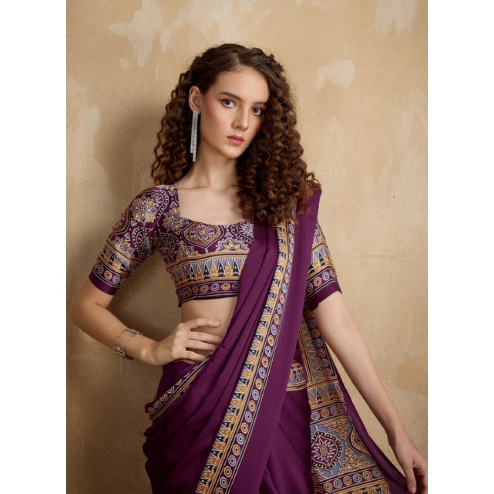 Amfyn Women's Satin Crepe Printed Saree With Unstitched Blouse 5.5Mtr (Purple)