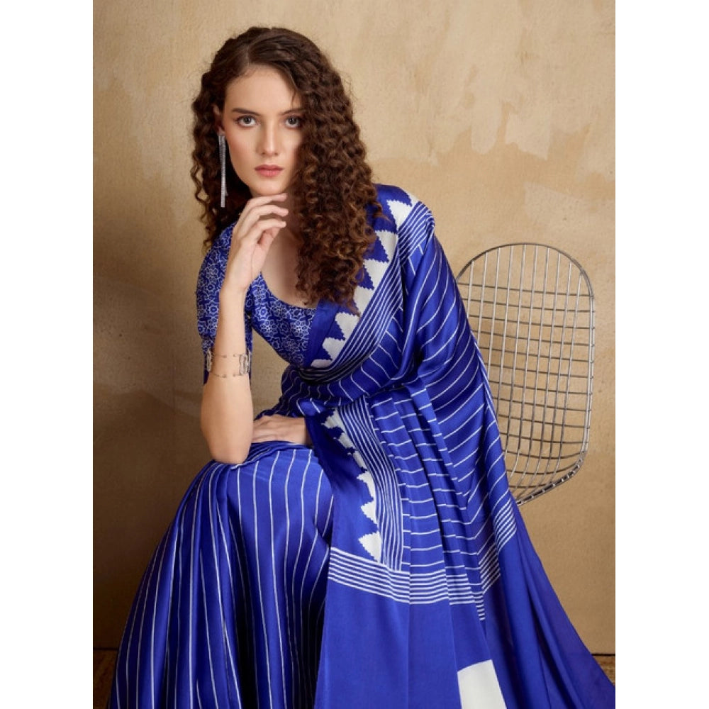 Amfyn Women's Satin Crepe Printed Saree With Unstitched Blouse 5.5Mtr (Navy Blue)