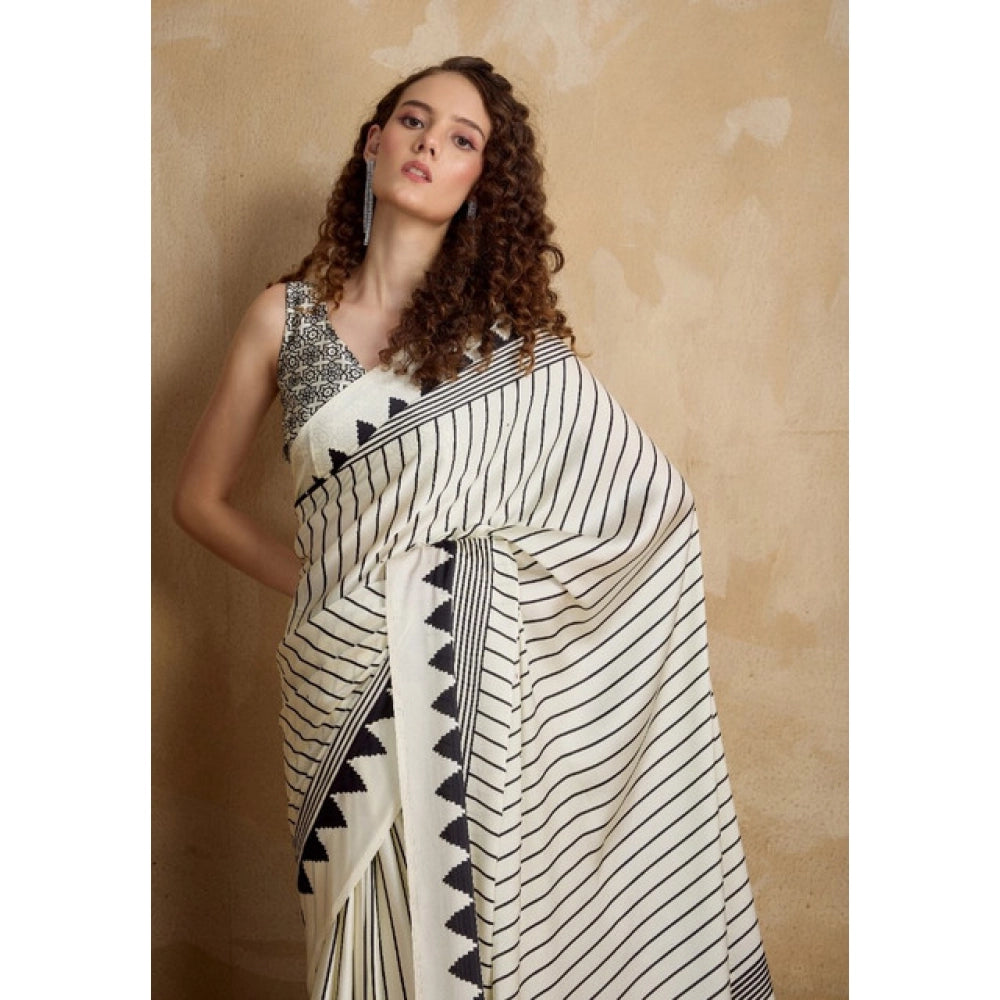 Amfyn Women's Satin Crepe Printed Saree With Unstitched Blouse 5.5Mtr (White)