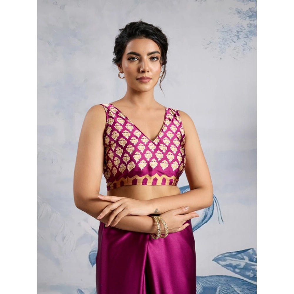 Amfyn Women's Satin Crepe Printed Saree With Unstitched Blouse 5.5Mtr (Purple)