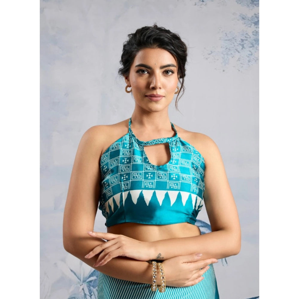 Amfyn Women's Satin Crepe Printed Saree With Unstitched Blouse 5.5Mtr (Rama Blue)
