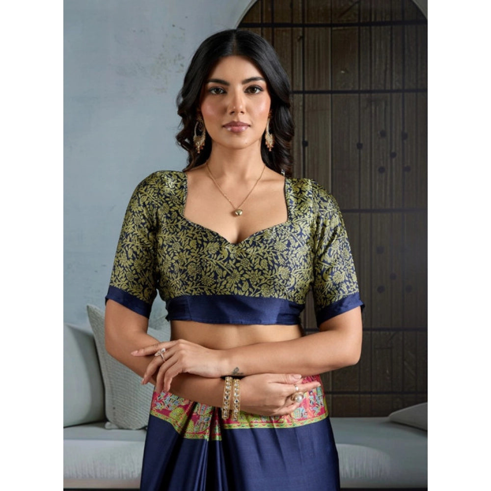 Amfyn Women's Satin Crepe Printed Saree With Unstitched Blouse 5.5Mtr (Navy Blue)