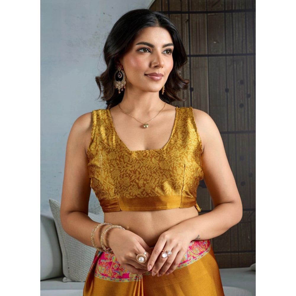 Amfyn Women's Satin Crepe Printed Saree With Unstitched Blouse 5.5Mtr (Mustard)