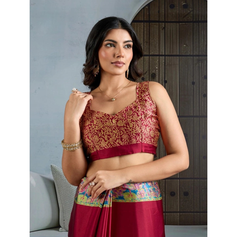 Amfyn Women's Satin Crepe Printed Saree With Unstitched Blouse 5.5Mtr (Maroon)