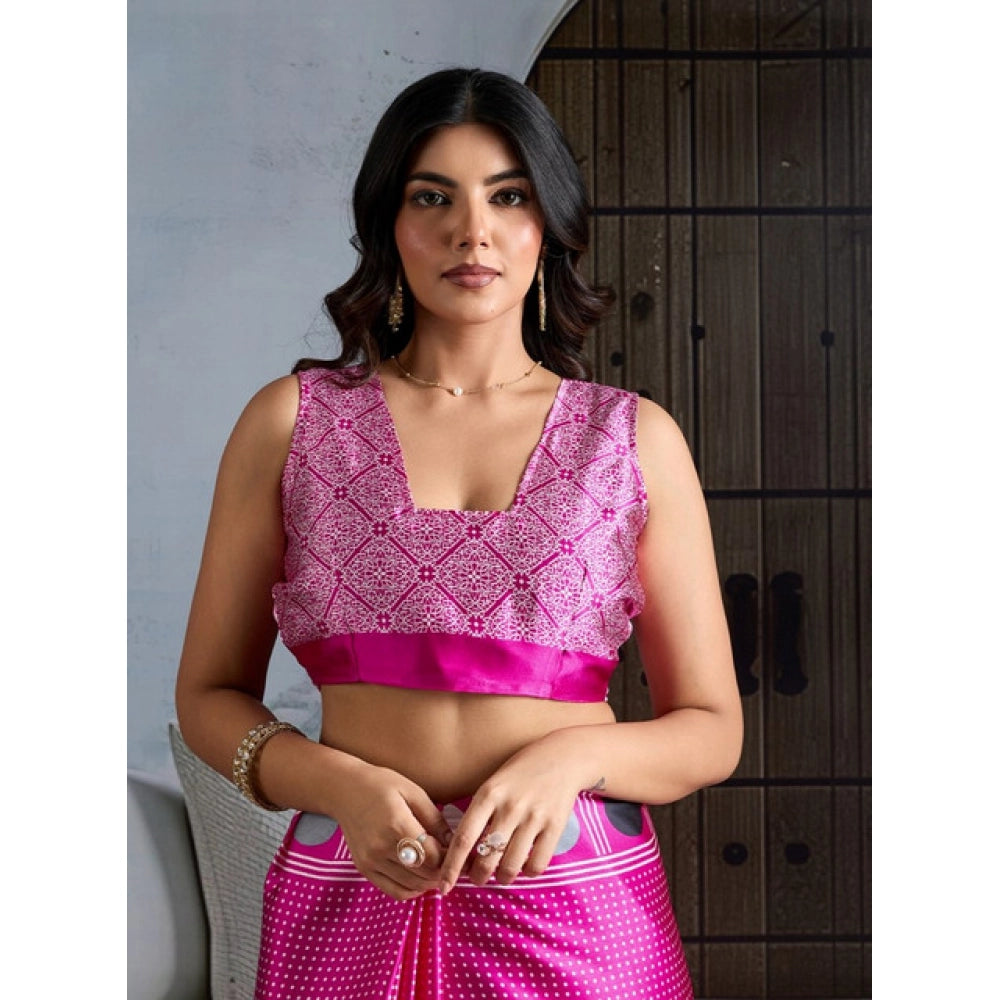 Amfyn Women's Satin Crepe Printed Saree With Unstitched Blouse 5.5Mtr (Pink)