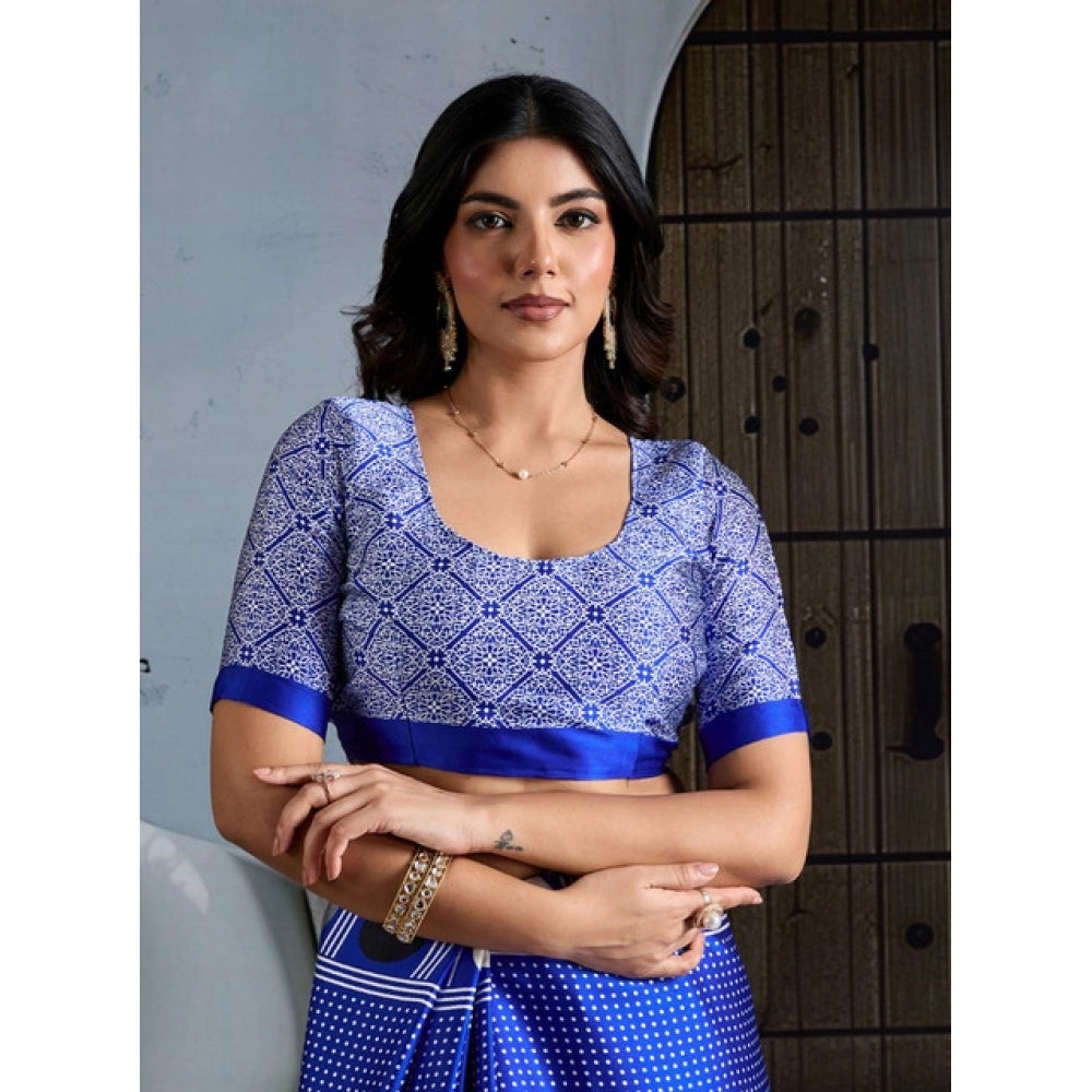 Amfyn Women's Satin Crepe Printed Saree With Unstitched Blouse 5.5Mtr (Blue)