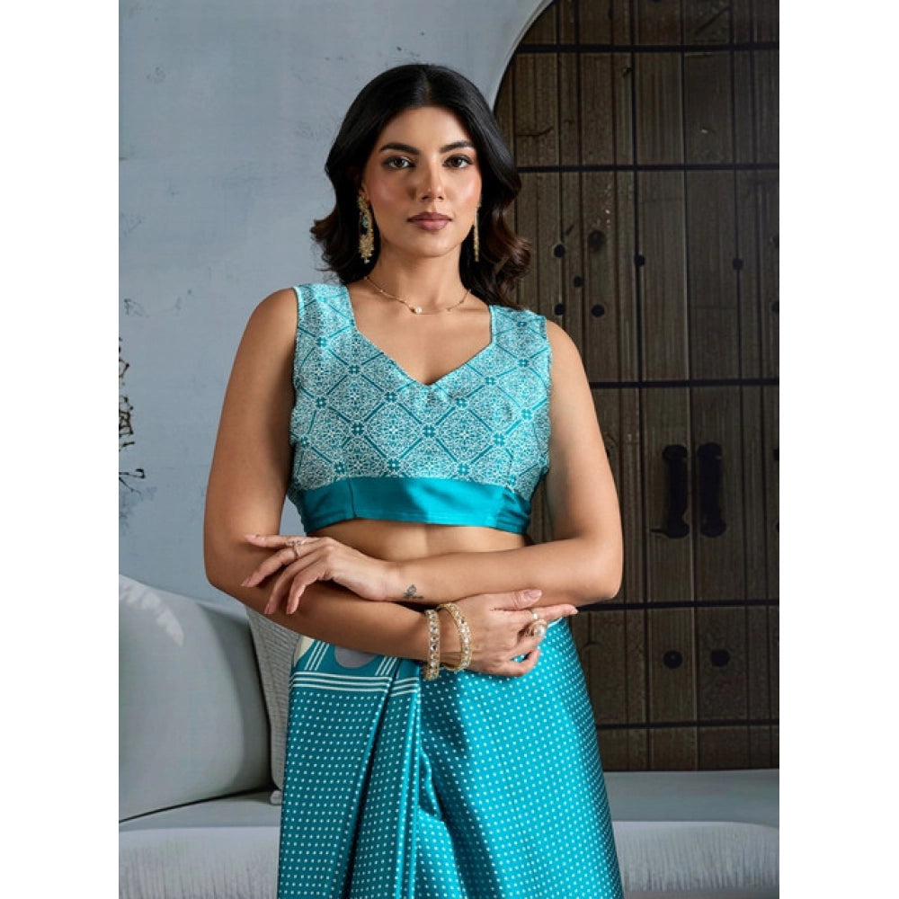 Amfyn Women's Satin Crepe Printed Saree With Unstitched Blouse 5.5Mtr (Sky Blue)