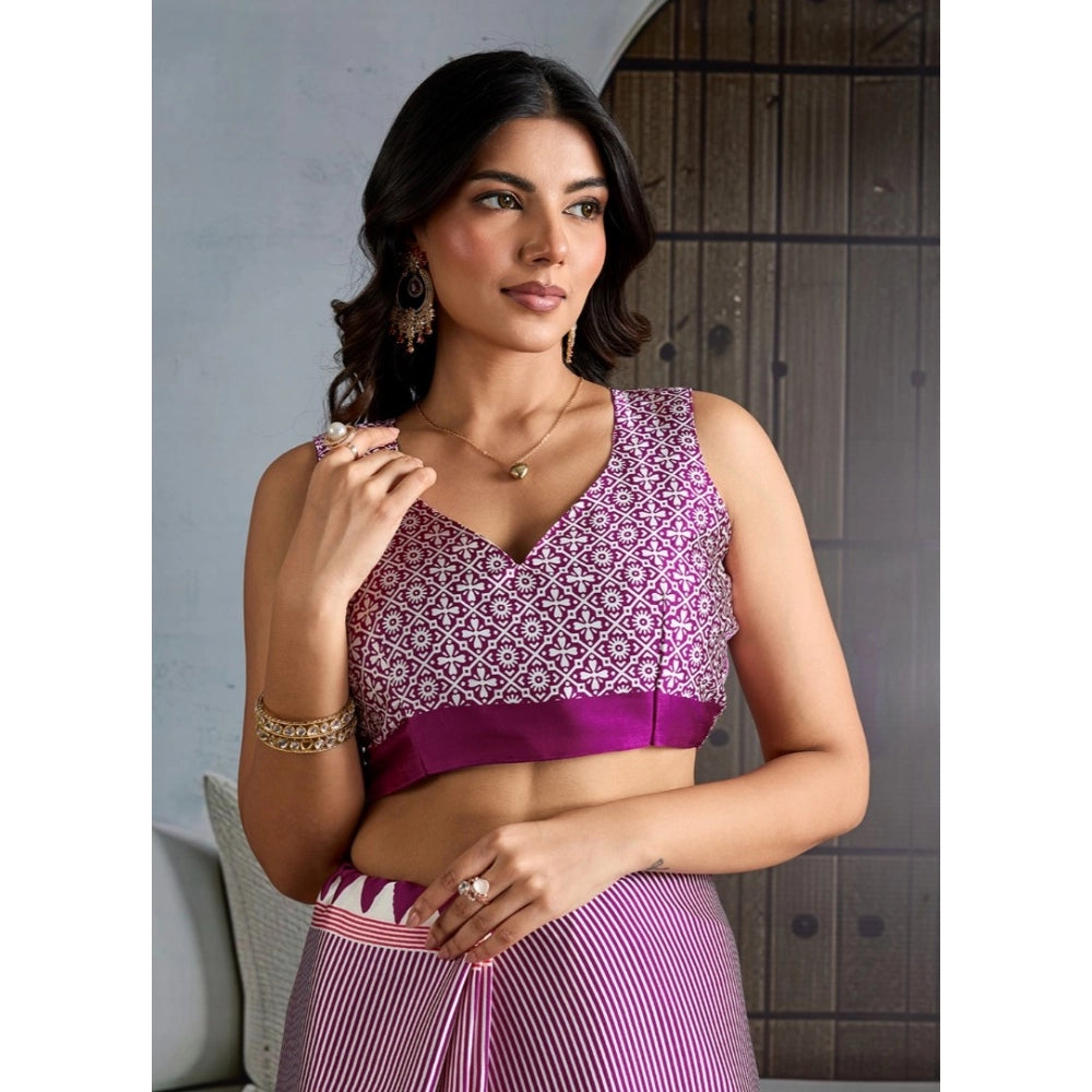 Amfyn Women's Satin Crepe Printed Saree With Unstitched Blouse 5.5Mtr (Purple)
