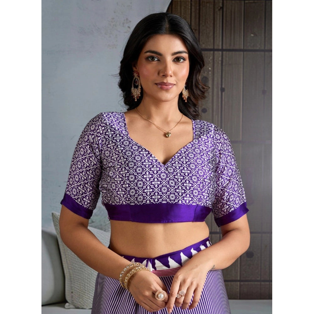 Amfyn Women's Satin Crepe Printed Saree With Unstitched Blouse 5.5Mtr (Blue)