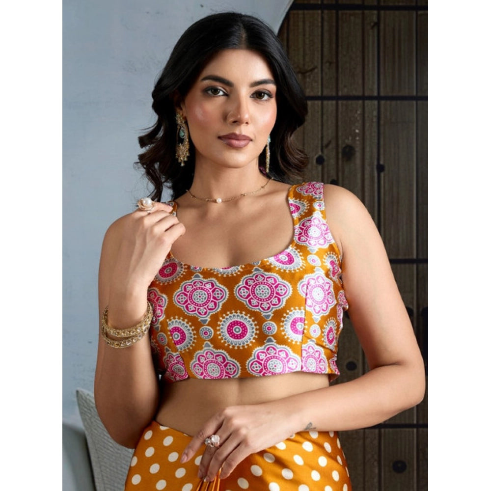 Amfyn Women's Satin Crepe Printed Saree With Unstitched Blouse 5.5Mtr (Mustard)