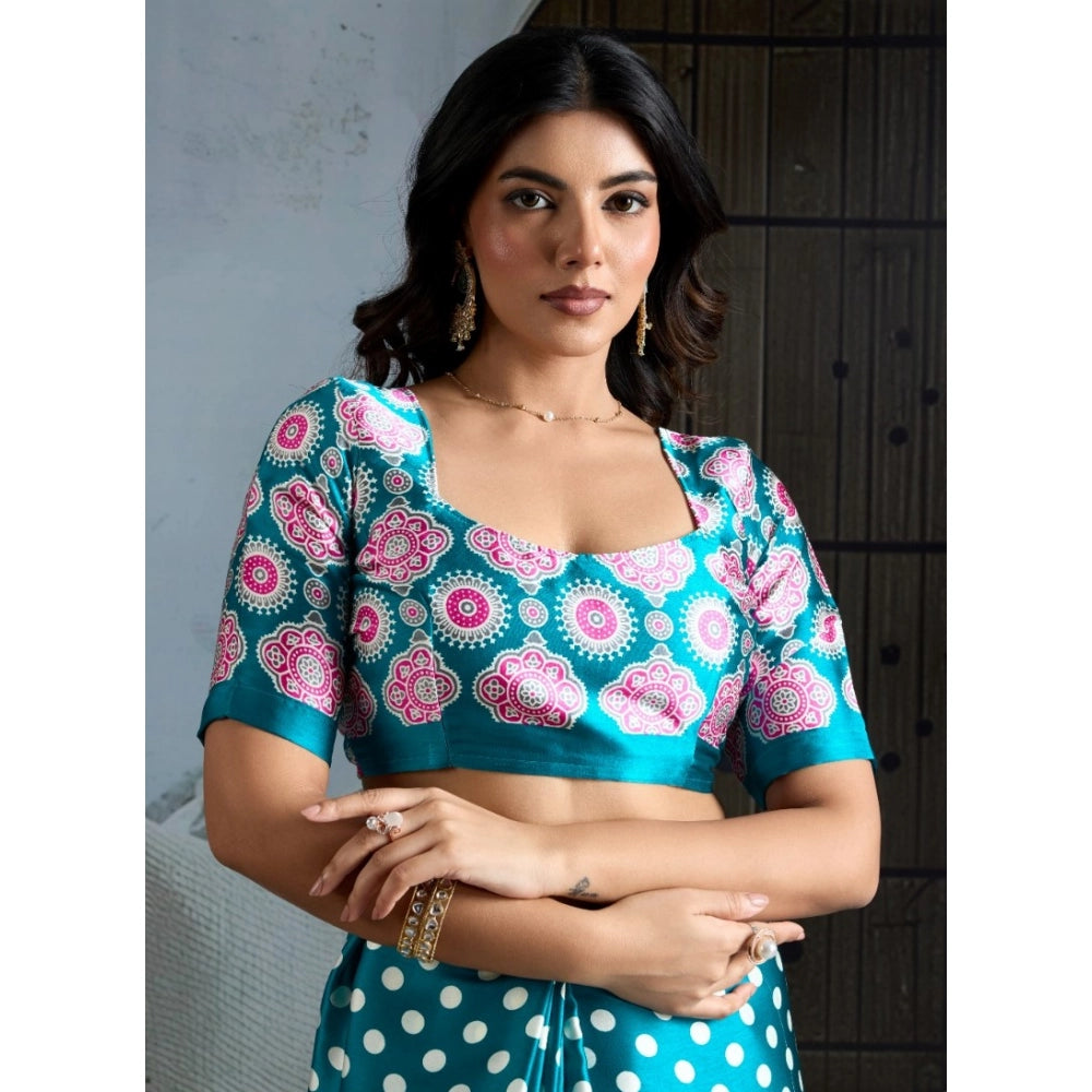 Amfyn Women's Satin Crepe Printed Saree With Unstitched Blouse 5.5Mtr (Sky Blue)