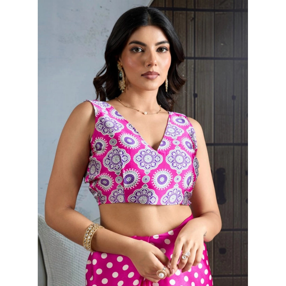 Amfyn Women's Satin Crepe Printed Saree With Unstitched Blouse 5.5Mtr (Pink)