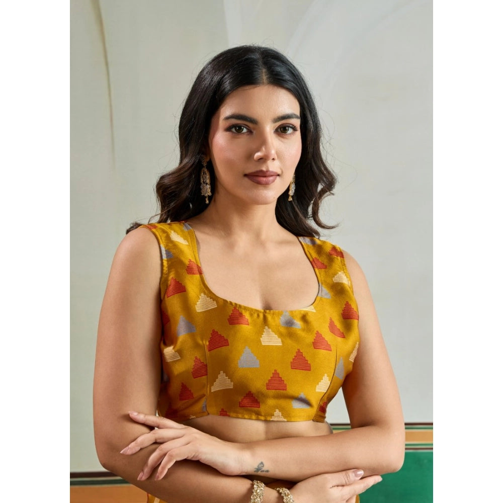 Amfyn Women's Satin Crepe Printed Saree With Unstitched Blouse 5.5Mtr (Mustard)
