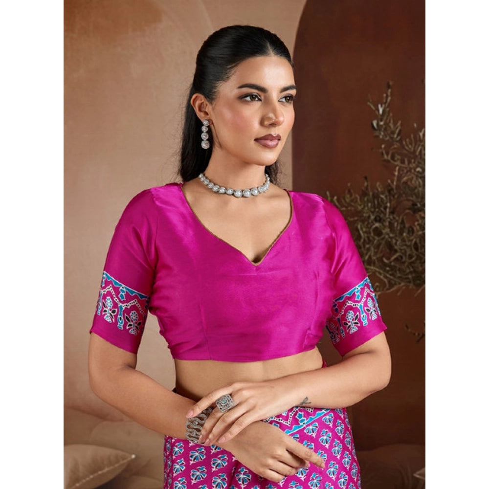 Amfyn Women's Satin Crepe Printed Saree With Unstitched Blouse 5.5Mtr (Pink)