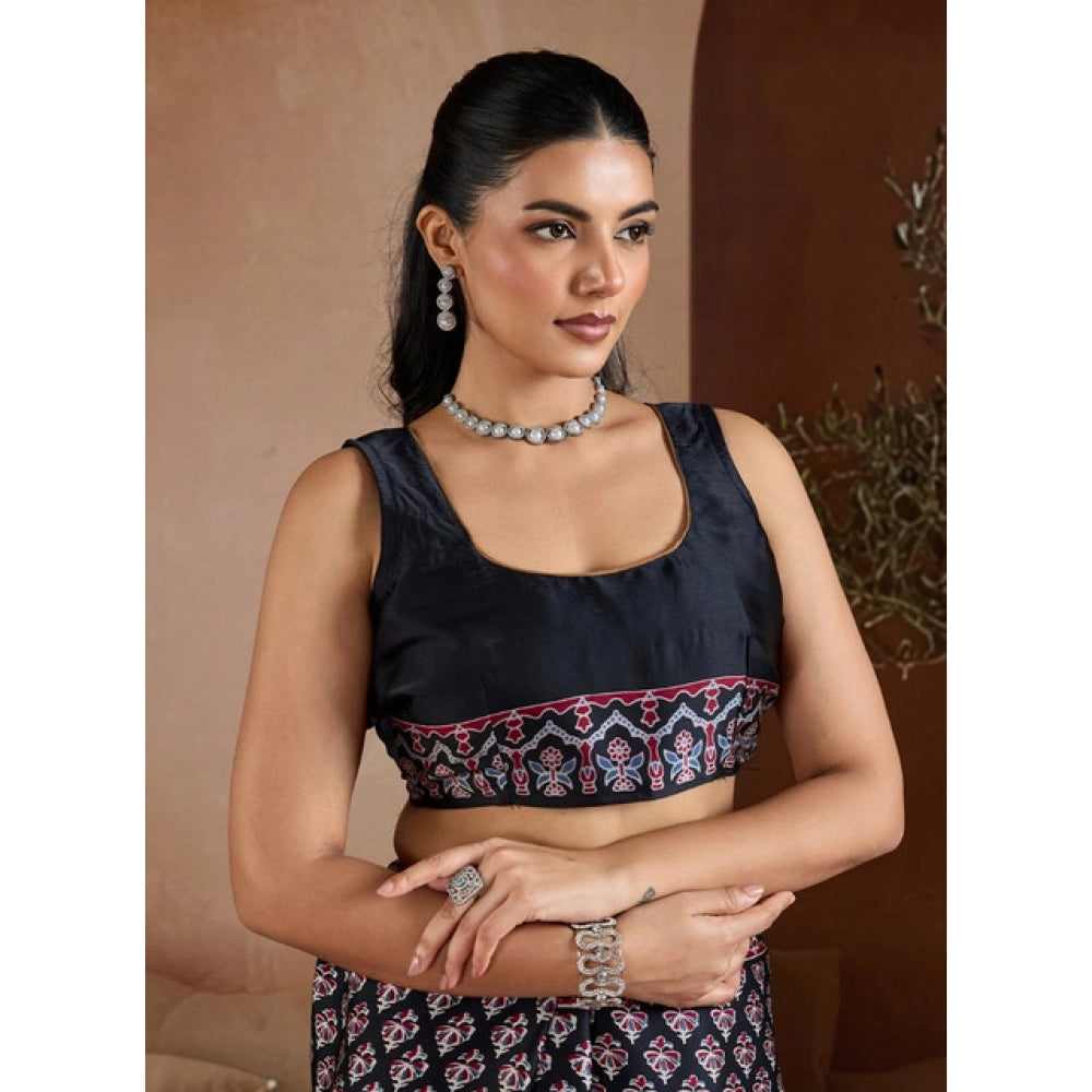 Amfyn Women's Satin Crepe Printed Saree With Unstitched Blouse 5.5Mtr (Black)