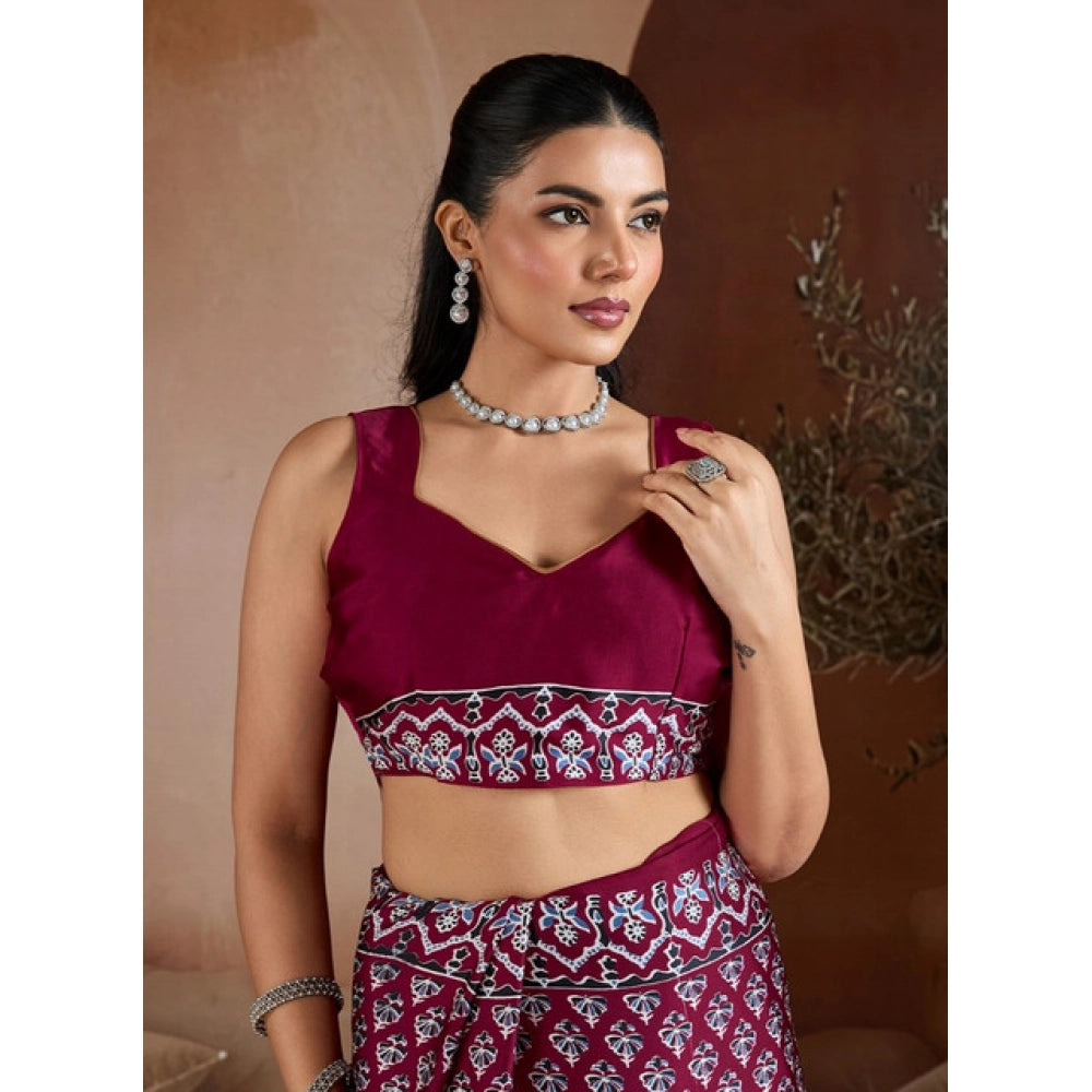 Amfyn Women's Satin Crepe Printed Saree With Unstitched Blouse 5.5Mtr (Maroon)