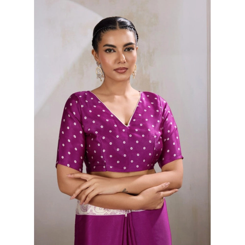 Amfyn Women's Satin Crepe Printed Saree With Unstitched Blouse 5.5Mtr (Purple)