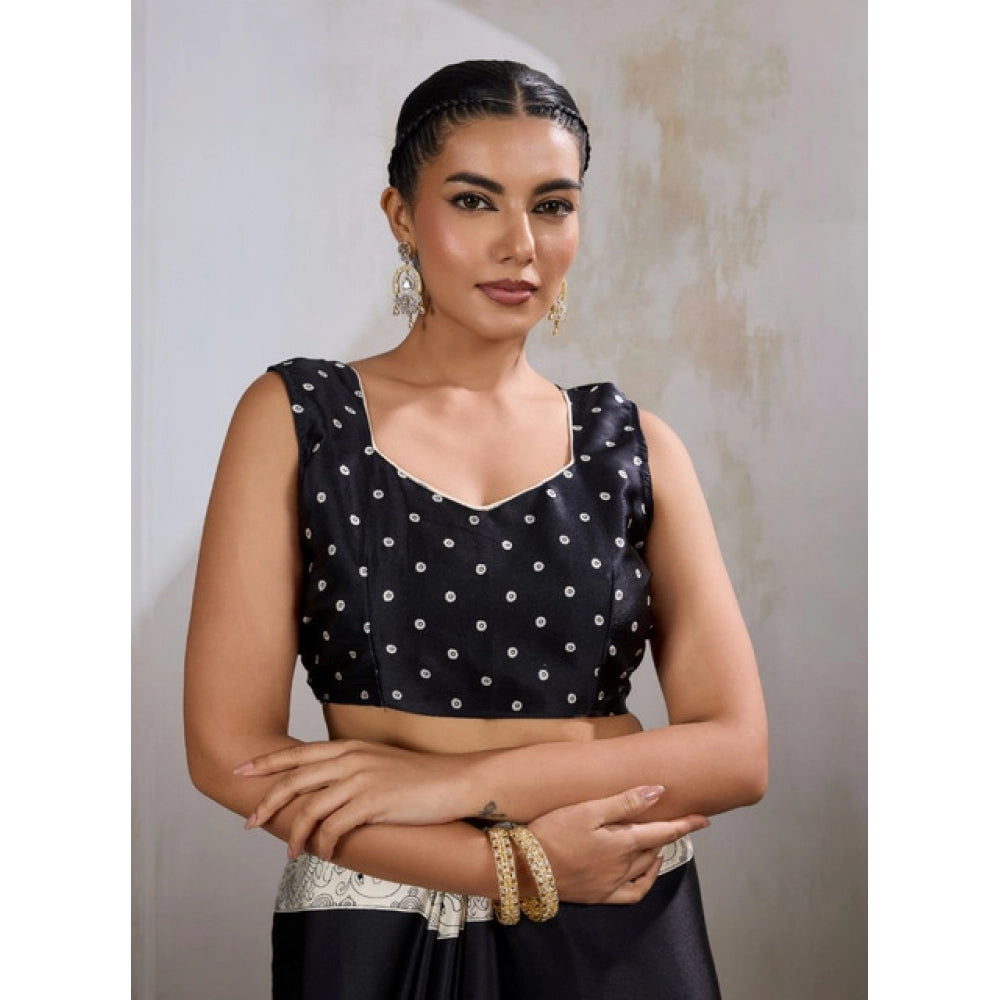 Amfyn Women's Satin Crepe Printed Saree With Unstitched Blouse 5.5Mtr (Black)