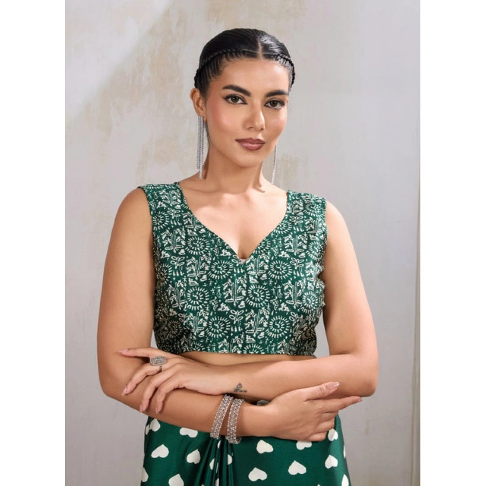 Amfyn Women's Satin Crepe Printed Saree With Unstitched Blouse 5.5Mtr (Bottle Green)