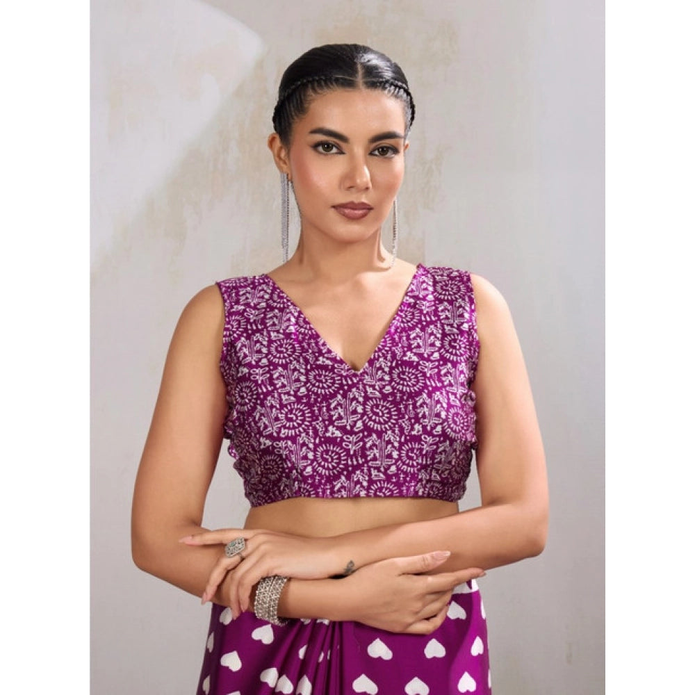 Amfyn Women's Satin Crepe Printed Saree With Unstitched Blouse 5.5Mtr (Purple)