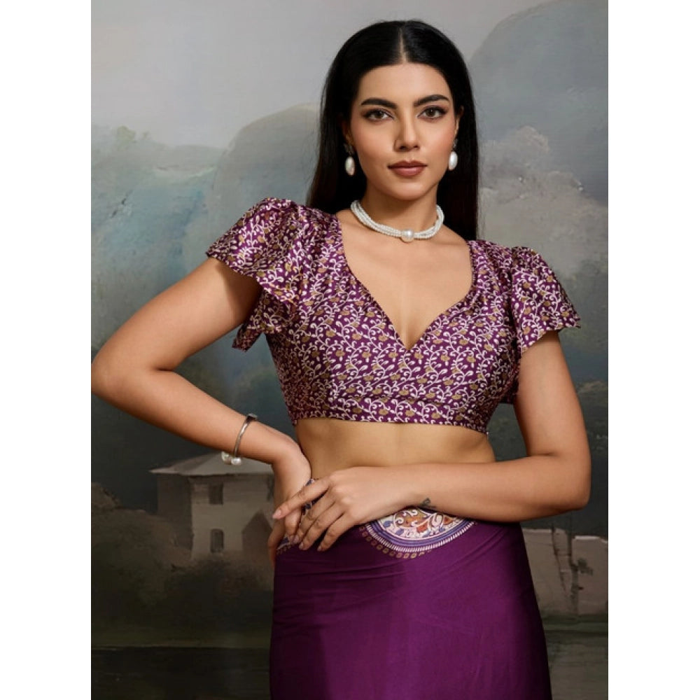 Amfyn Women's Satin Crepe Printed Saree With Unstitched Blouse 5.5Mtr (Purple)