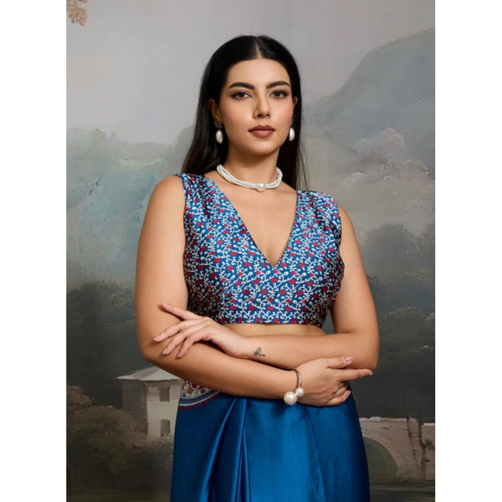 Amfyn Women's Satin Crepe Printed Saree With Unstitched Blouse 5.5Mtr (Blue)