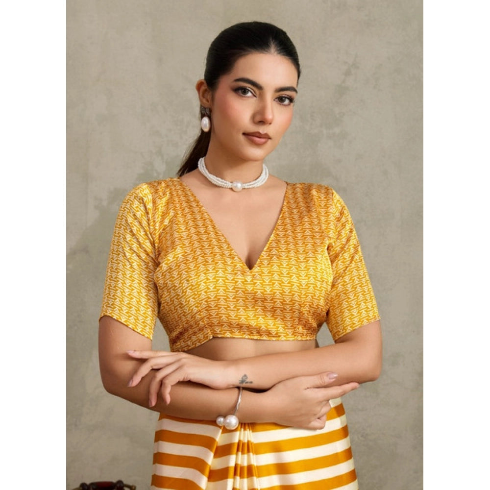 Amfyn Women's Satin Crepe Printed Saree With Unstitched Blouse 5.5Mtr (Mustard)