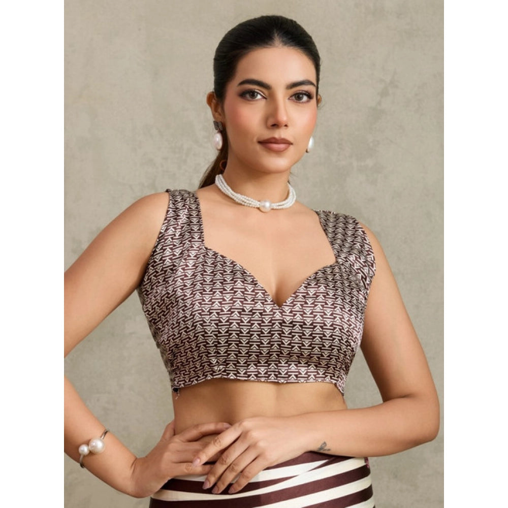 Amfyn Women's Satin Crepe Printed Saree With Unstitched Blouse 5.5Mtr (Brown)