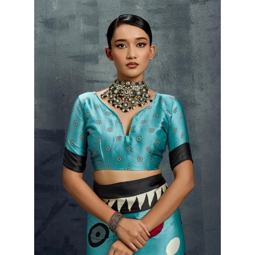 Amfyn Women's Satin Crepe Printed Saree With Unstitched Blouse 5.5Mtr (Sky Blue)