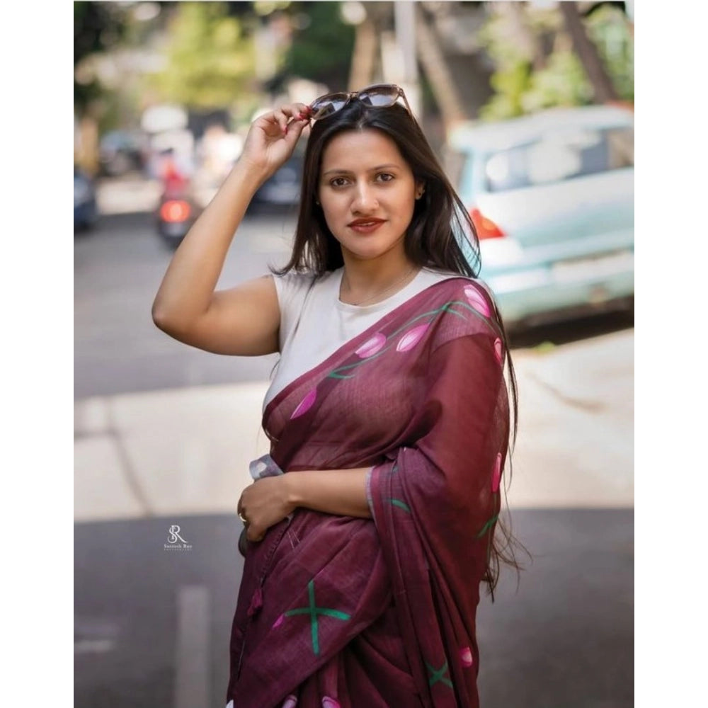Amfyn Women's Linen Printed Saree With Unstitched Blouse 5.5Mtr (Brown)
