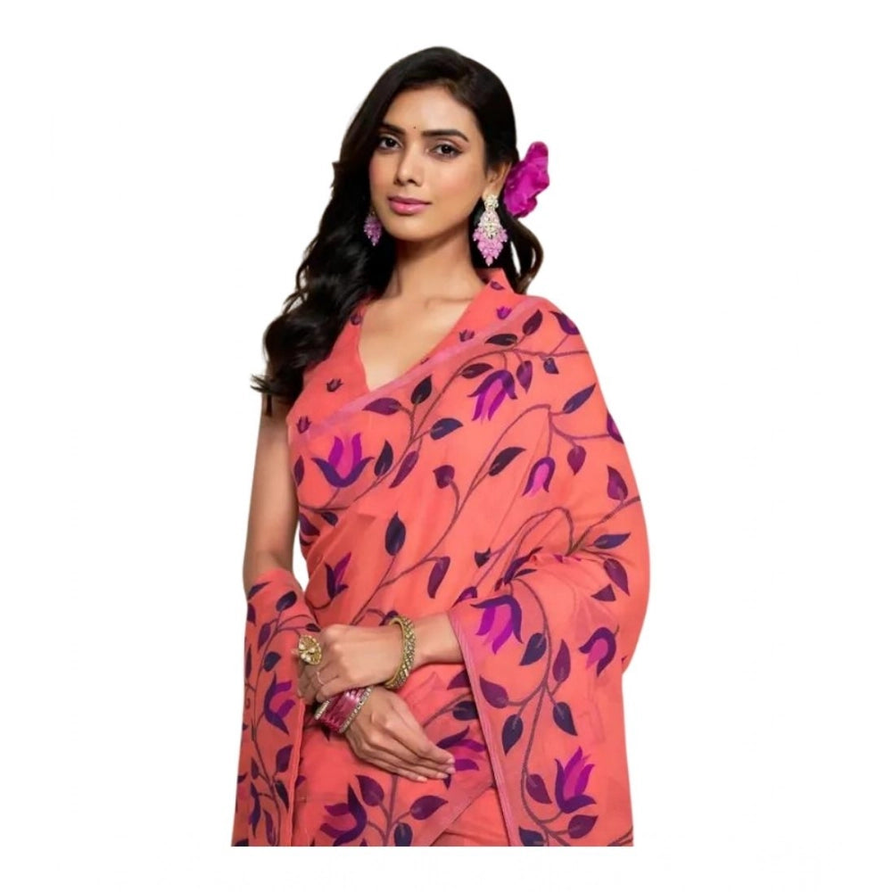 Amfyn Women's Georgette Printed Saree With Unstitched Blouse 5.5Mtr (Peach)
