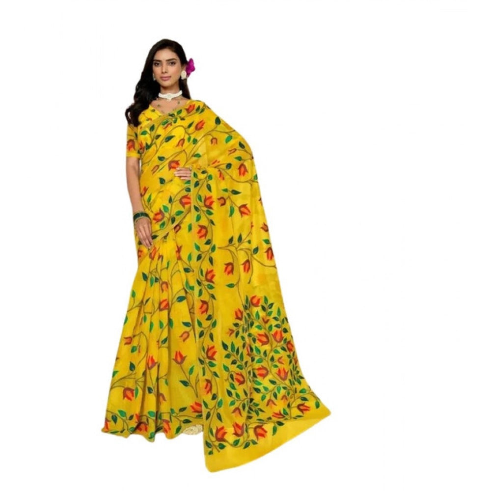 Amfyn Women's Georgette Printed Saree With Unstitched Blouse 5.5Mtr (Yellow)