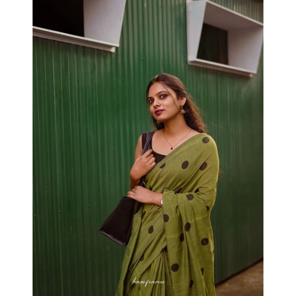 Amfyn Women's Linen Printed Saree With Unstitched Blouse 5.5Mtr (Green)
