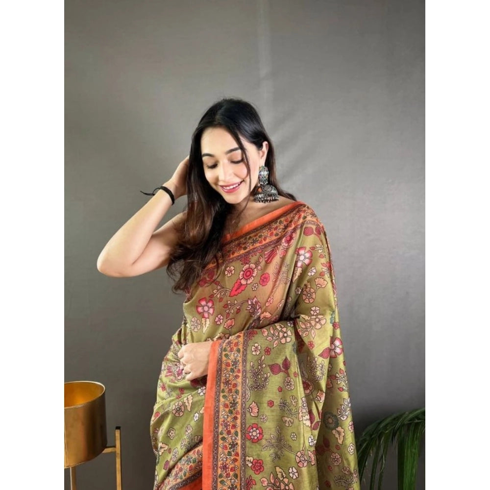 Amfyn Women's Linen Printed Saree With Unstitched Blouse 5.5Mtr (Sea Green)