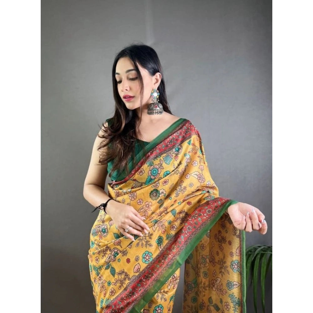 Amfyn Women's Linen Printed Saree With Unstitched Blouse 5.5Mtr (Yellow)