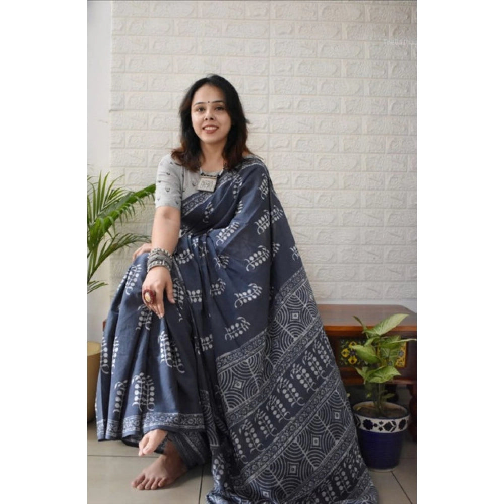 Amfyn Women's Linen Printed Saree With Unstitched Blouse 5.5Mtr (Grey)