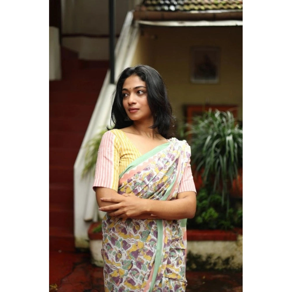 Amfyn Women's Linen Printed Saree With Unstitched Blouse 5.5Mtr (Multicolor)
