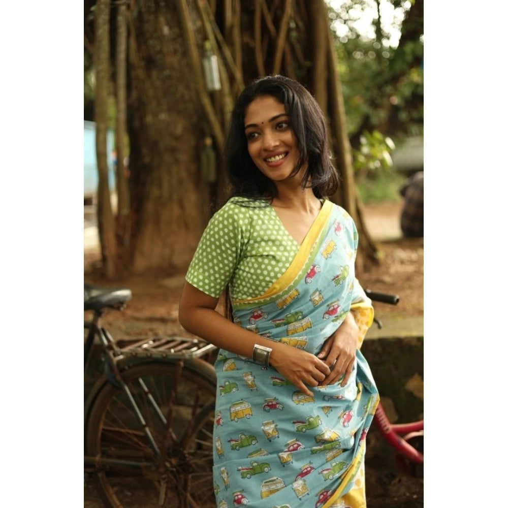 Amfyn Women's Linen Printed Saree With Unstitched Blouse 5.5Mtr (Blue)