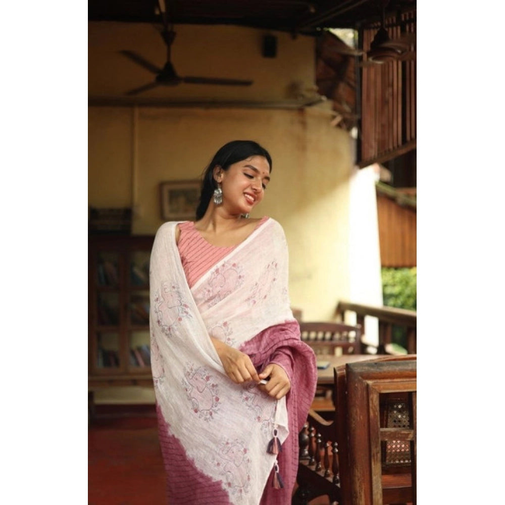 Amfyn Women's Linen Printed Saree With Unstitched Blouse 5.5Mtr (White)