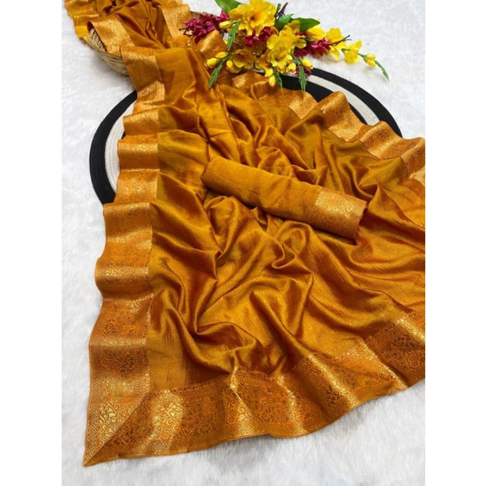Amfyn Women's Vichitra Silk Printed Saree With Unstitched Blouse 5.5Mtr (Mustard)